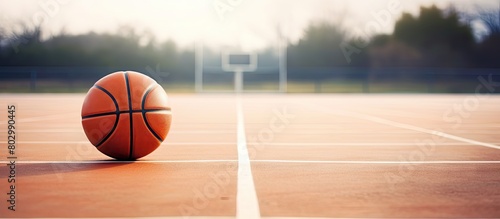 A copy space image of a basketball on a court viewed from the front