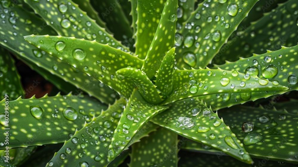 Close up of fresh aloe vera leaves with moisture droplets vibrant green foliage Close up of fresh aloe vera leaves with moisture droplets vibrant green foliage