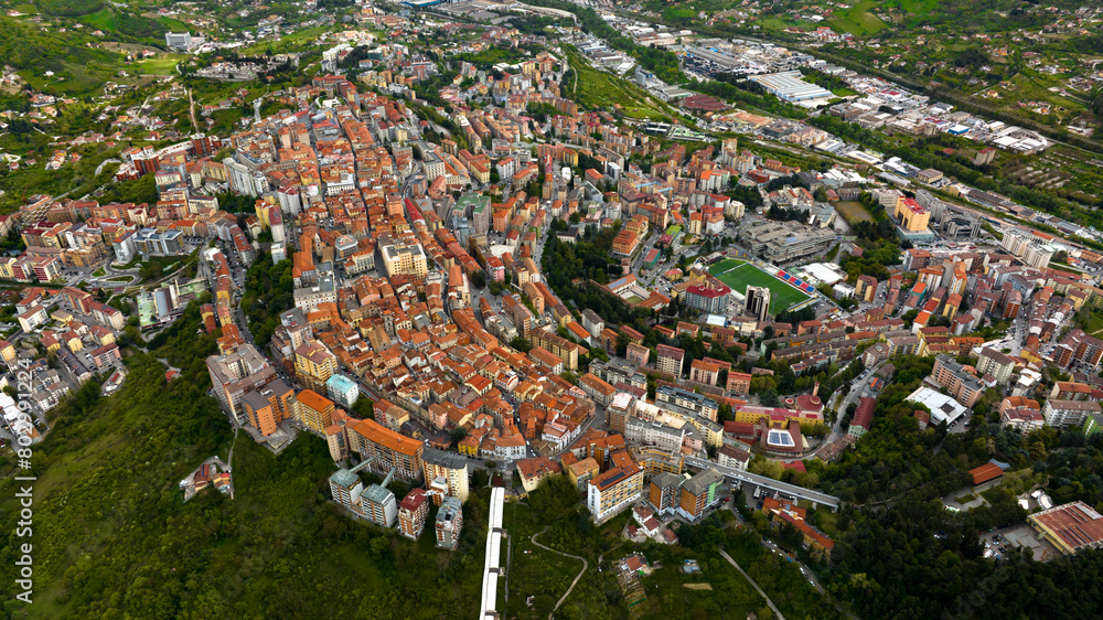 Aerial view of the historic center of the city of Potenza, in Basilicata, Italy. The old city is built on the top of a mountain.