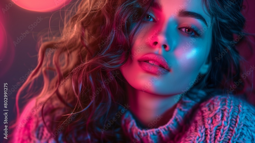 Portrait of a young beautiful woman in neon light. Portrait of a young beautiful woman in neon light.