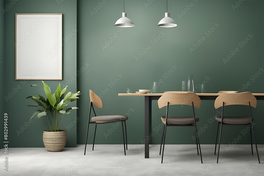 Fototapeta premium Modern kitchen and dining room on empty green wall background- 3D rendering 