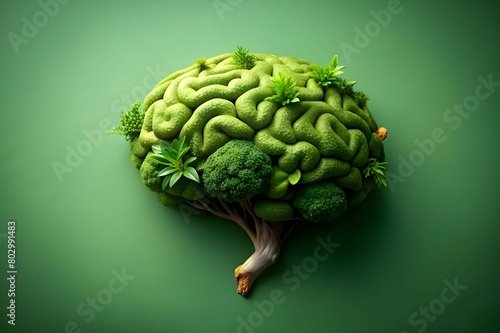illustration of human brain covered with plants over green.
