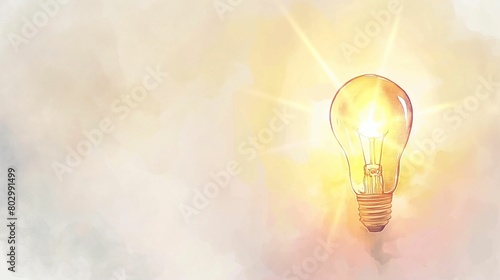Glowing light bulb on a textured watercolor background. Conceptual art illustration.
