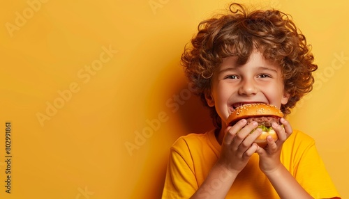 Young boy savoring delicious hamburger on gentle colored backdrop with ample room for text placement photo