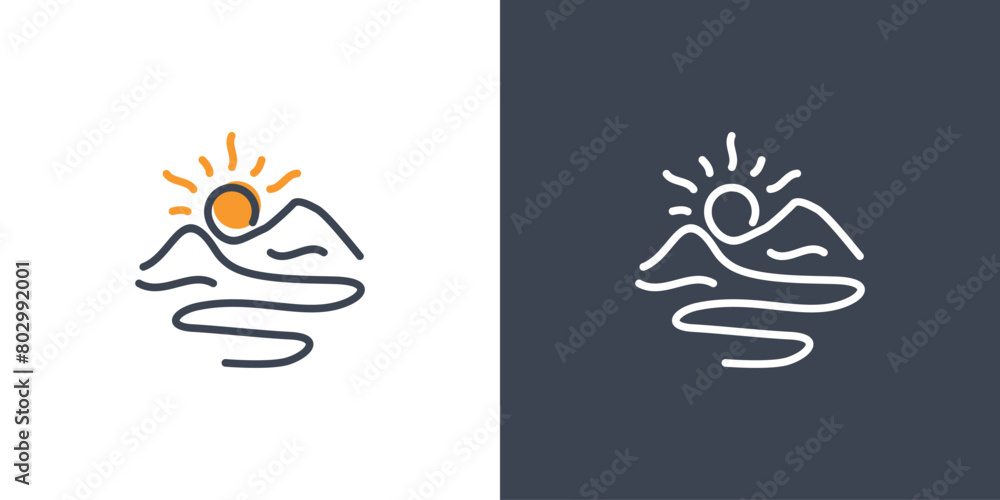 Mountain Sunrise Logo Design. Simple Mountain, Water Waves and Sun Combination Concept with Lineart, Outline, Minimalist Style. Icon Symbol Logo Design Inspiration. Mountain Sunrise Logo Design. Simple Mountain, Water Waves and Sun Combination Concept with Lineart, Outline, Minimalist Style. Icon Symbol Logo Design Inspiration.