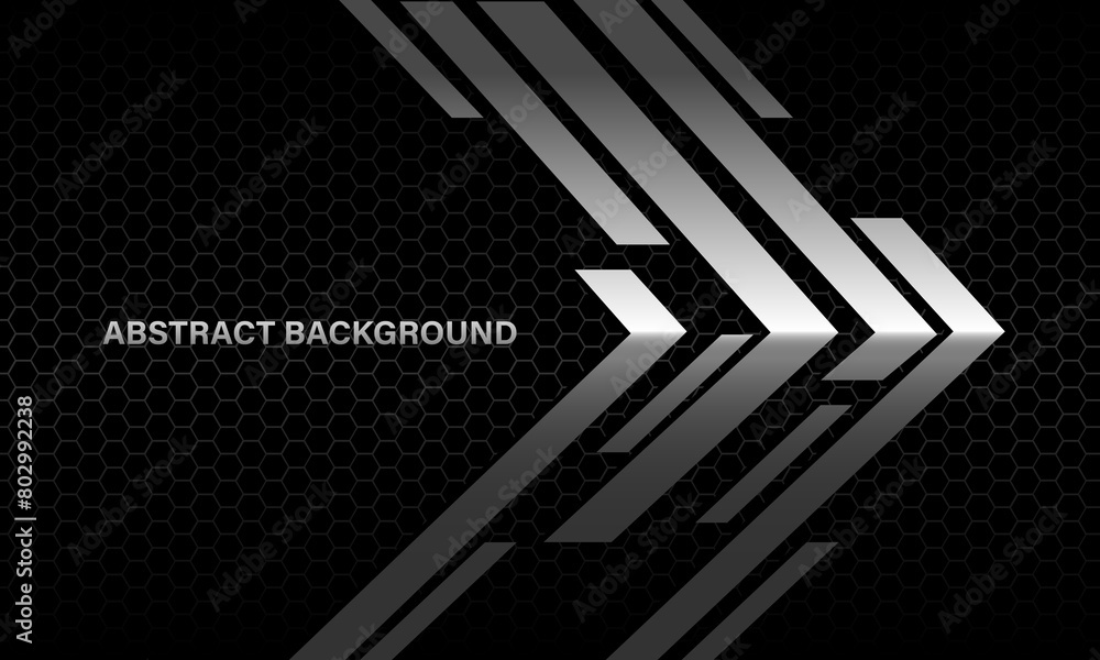 Abstract silver arrow direction geometric on black hexagon mesh design modern luxury futuristic background vector Abstract silver arrow direction geometric on black hexagon mesh design modern luxury futuristic background vector