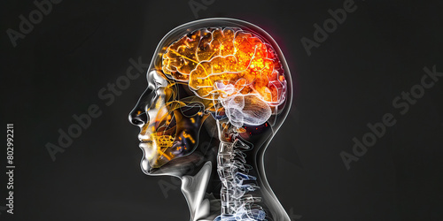 Radiation-induced Brain Injury: The Brain Damage and Neurological Deficits - Visualize a person with a highlighted brain affected by radiation therapy, experiencing brain damage and neurological defic photo