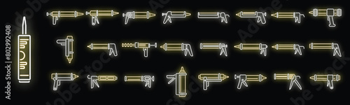 Silicone caulk gun icons set outline vector. Adhesive builder. Construction carpenter neon color on black photo