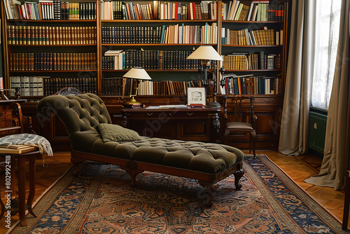 Inside a psychologist's office, adorned with Freudian decor and a classic chaise lounge, reflecting the deep roots of psychoanalysis