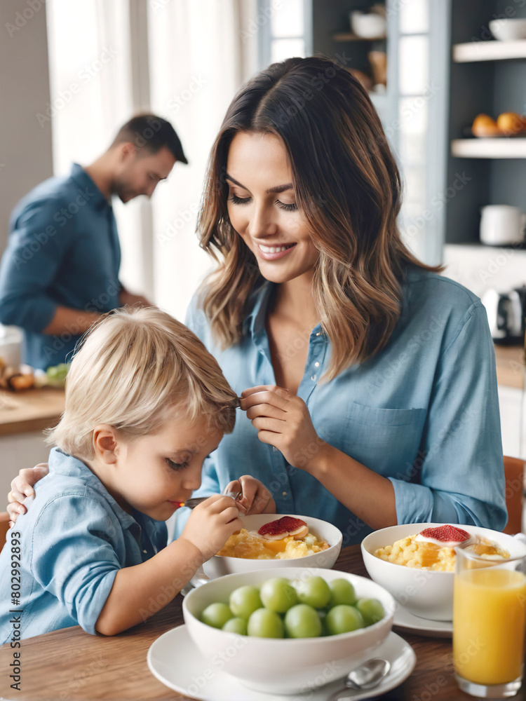 A woman and a child are eating breakfast together in a kitchen
