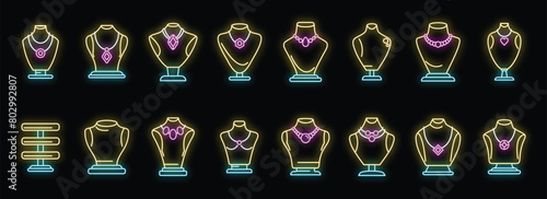 Jewelry dummy icons set outline vector. Bust chain. Diamond fashion neon color on black