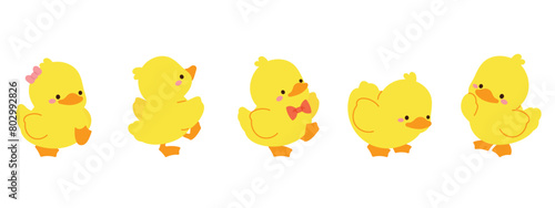 Cute Animal Duck characters set. Hand drawn farm animal cartoon design of yellow duck, duckling, chick in different pose. Adorable baby duck illustration for sticker, clipart, education.