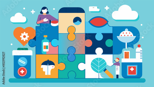 A puzzle board with different pieces symbolizing the different components of psychiatric treatment psychotherapy medications lifestyle changes. At the.