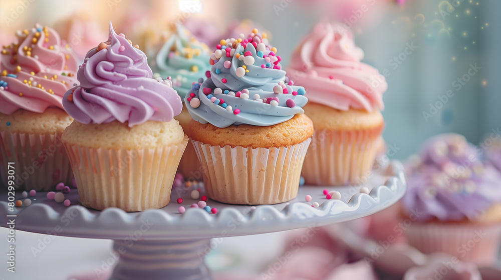 colorful cupcakes with frosting, sprinkles, artfully arranged on tiered cake stand. Pastel colors, decorations create whimsical, inviting scene.