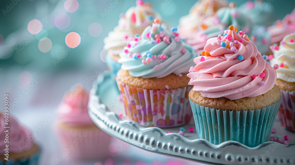colorful cupcakes with frosting, sprinkles, artfully arranged on tiered cake stand. Pastel colors, decorations create whimsical, inviting scene.