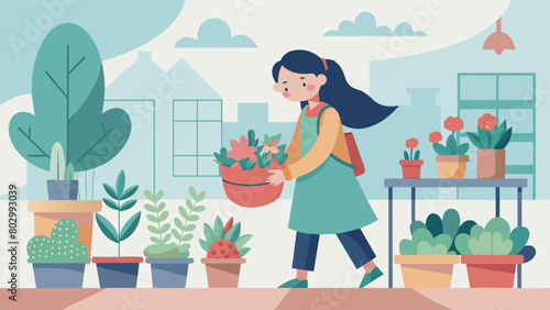 Walking through a busy street market a soft girl carefully handpicks succulents and flowers to decorate her cozy apartment her gentle and caring.