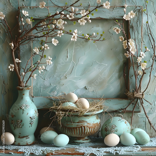 Easter Bliss on a Turquoise Background: Whimsical Illustration photo