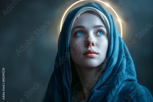 Virgin Mary with a heavenly halo, A woman with a blue veil on her head and a gold circle on her forehead