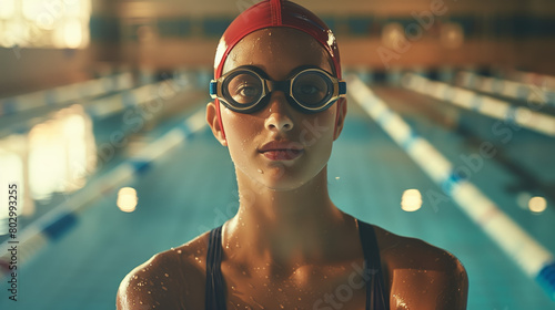 A confident swimmer, wearing a sleek black swimsuit, a swimming cap, and goggles, stands at the edge of an indoor swimming pool.