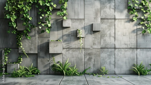 Interior design grey wall cement concrete blocks pattern with green plant leaves. AI generated image
