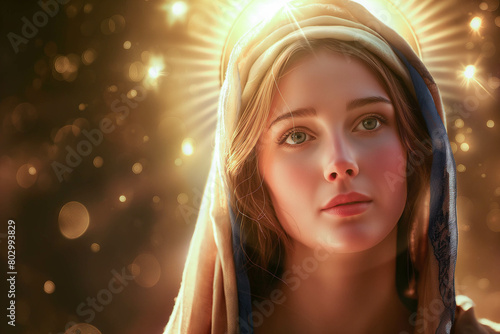 Virgin Mary with a heavenly halo, A woman with a crown on her head and a veil over her face © Simn