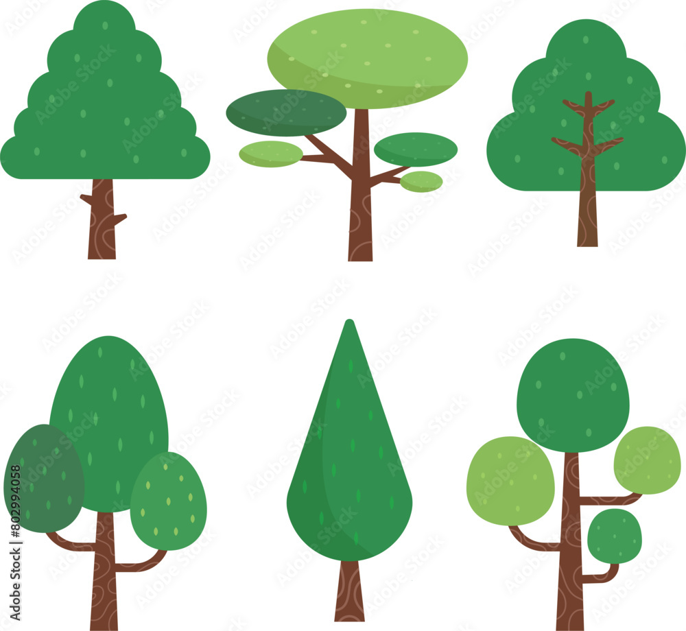 Fototapeta premium Hand drawn various types of green trees flat design set collection