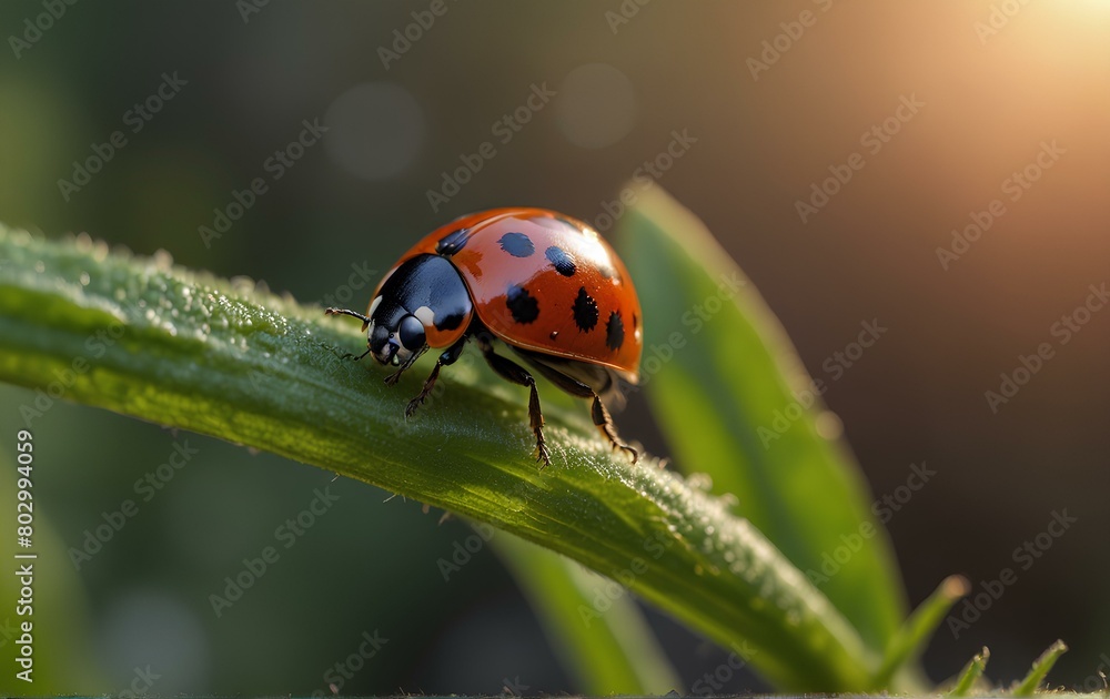 Fototapeta premium Ladybug in the garden at sunrise