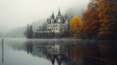 Mysterious Castle in Autumn Mist