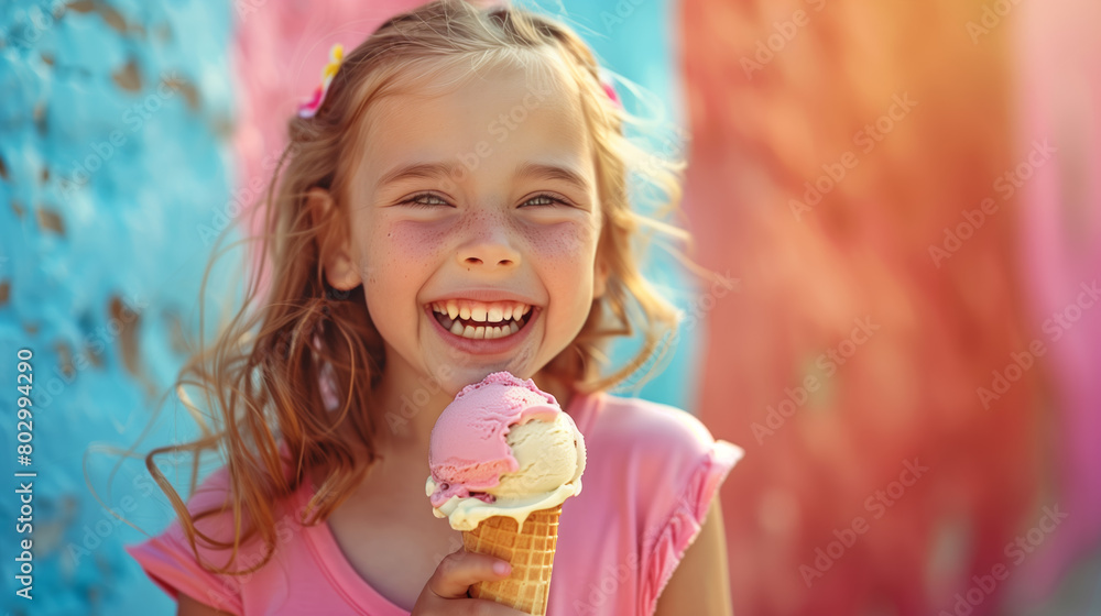 young girl smiles with an ice cream cone, creating a heartwarming scene of happiness and innocence. The spirit of childhood and the pleasures of summertime are beautifully depicted young girl smiles with an ice cream cone, creating a heartwarming scene of happiness and innocence. The spirit of childhood and the pleasures of summertime are beautifully depicted