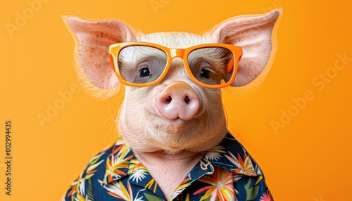 Fashionable pig with orange sunglasses and vibrant hawaiian shirt for a fun and trendy look