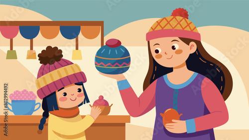 A young girl eagerly tries on a handknitted hat at a local artisans booth while her mother admires the delicate handpainted ceramics on display.. Vector illustration