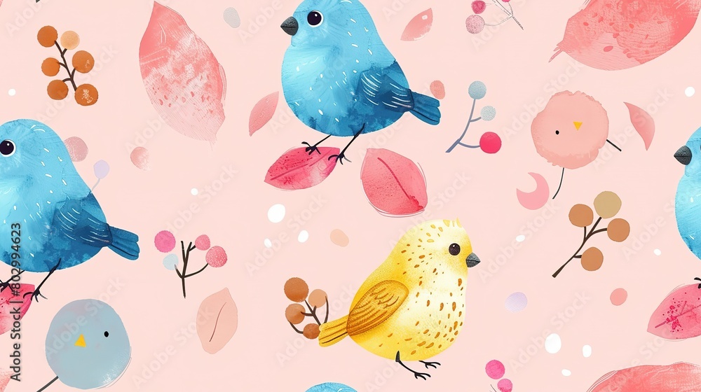 Obraz premium spring birds with flower and tree refreshing positive feeling, seamless pattern nursery design cartoon style illustration with grungy texture, Generative Ai