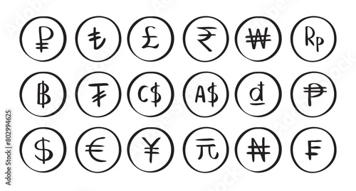 Hand drawn doodle set currency symbol. Currencies of different countries icons circle
