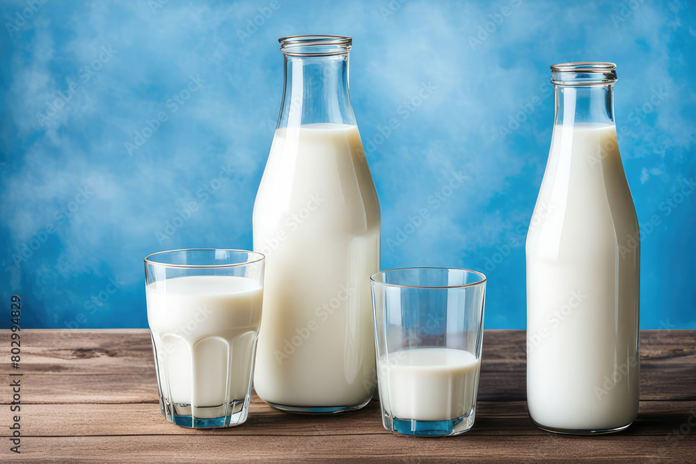 A bottle of milk and glass of milk on a wooden table on a blue background A bottle of milk and glass of milk on a wooden table on a blue background