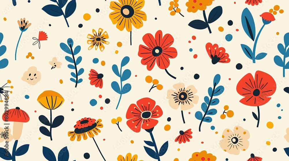 Fototapeta premium beautiful cosmos daisy flower seamless pattern nursery design cartoon style illustration with grungy texture, Generative Ai