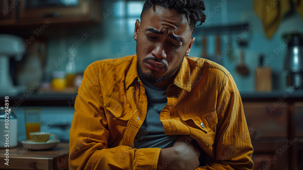 Obraz premium A person grimacing in discomfort, holding their stomach as if experiencing a stomachache painful