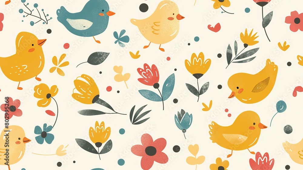 spring birds with flower and tree refreshing positive feeling, seamless pattern nursery design cartoon style illustration with grungy texture, Generative Ai spring birds with flower and tree refreshing positive feeling, seamless pattern nursery design cartoon style illustration with grungy texture, Generative Ai
