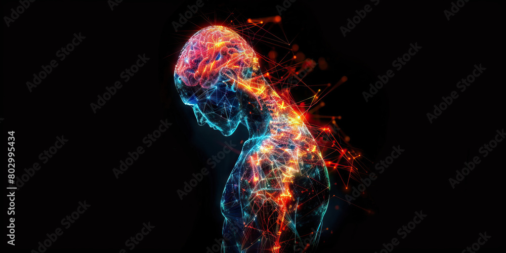 Central Pain Syndrome: The Chronic Pain and Sensory Abnormalities - Picture a person with highlighted brain areas showing central nervous system damage, experiencing chronic pain and sensory Central Pain Syndrome: The Chronic Pain and Sensory Abnormalities - Picture a person with highlighted brain areas showing central nervous system damage, experiencing chronic pain and sensory