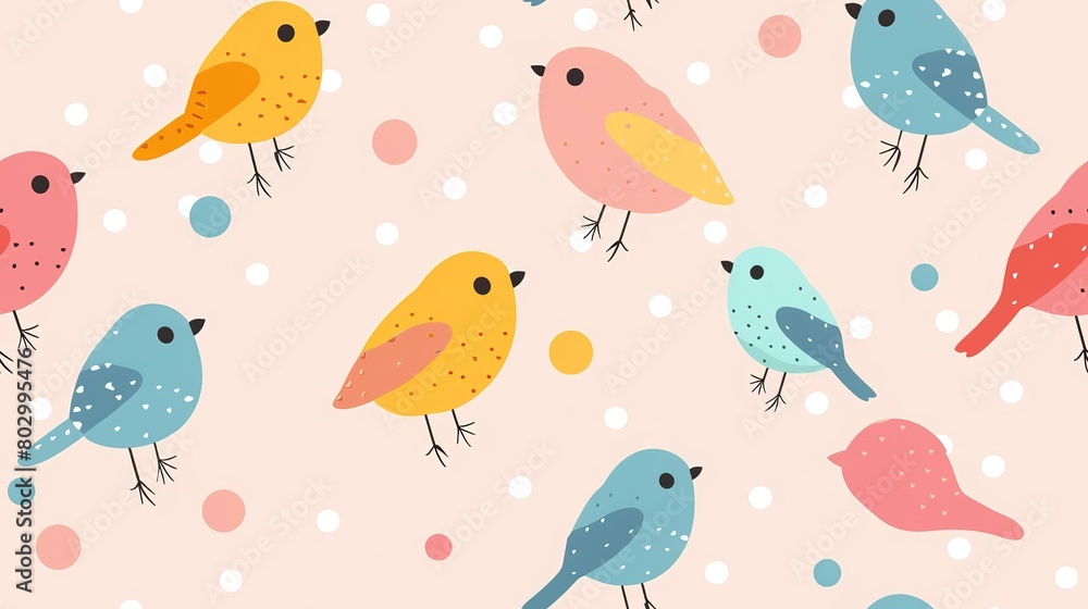 spring birds with spot pattern refreshing positive feeling, seamless pattern nursery design cartoon style illustration with grungy texture, Generative Ai spring birds with spot pattern refreshing positive feeling, seamless pattern nursery design cartoon style illustration with grungy texture, Generative Ai