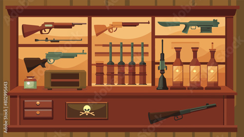 On the wall behind the counter a display case showcases a rare collection of antique firearms and ammunition.. Vector illustration