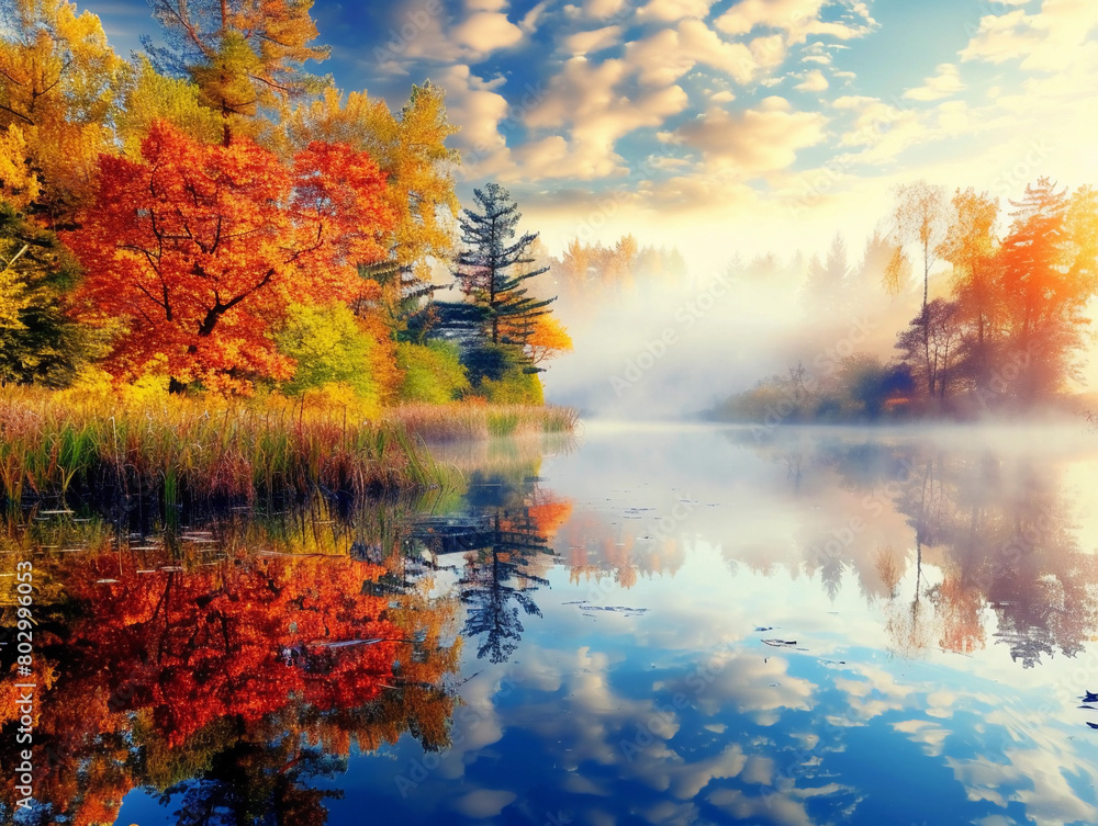 Vibrant Autumn Reflections in Forest Lake