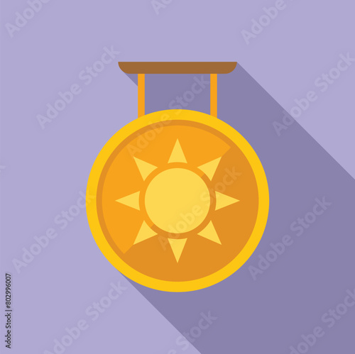 Golden sun gong icon flat vector. Asian culture. Decoration festival