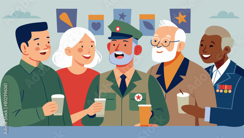 A group of senior veterans gathering at a bar for a drink sharing humorous and heartfelt stories of their time in the military.. Vector illustration