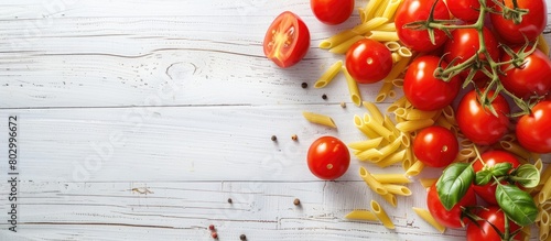 Tomatoes and pasta ingredients placed on a white wooden table, viewed from the top with room for text.