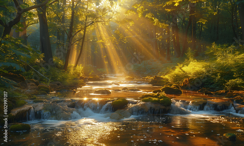 A beautiful forest with sunlight shining through the trees  and a river flowing gently in front. The water is crystal clear as light rays shine down on its surface.