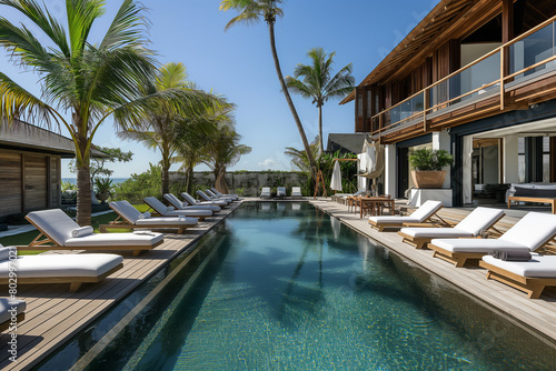 luxury hotel pool  At the heart of the beach house  a luxurious swimming pool glistens in the sunlight  offering a cool and refreshing escape from the warm embrace of the sun