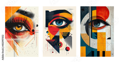 Set of posters with geometric pattern and eye. Colorful flat cartoon background in trendy cubism style.