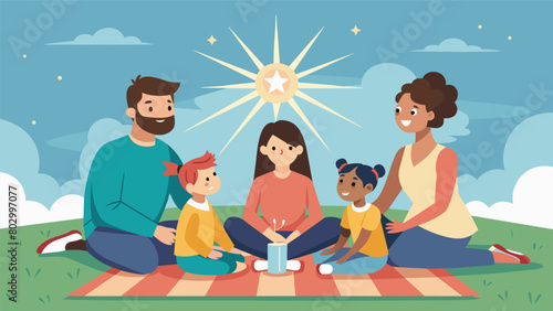A blended family sitting on a picnic blanket the childrens eyes widening in amazement at the sparkling bursts above. The parents exchange knowing. Vector illustration