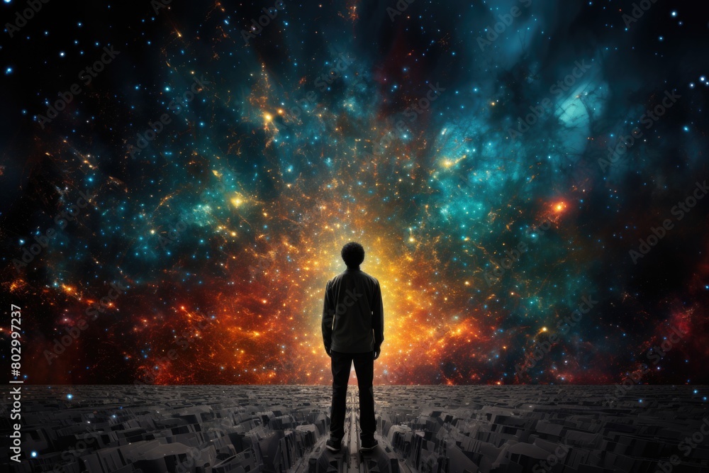 A man standing in front of galaxy A man standing in front of galaxy
