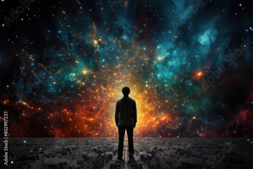 A man standing in front of galaxy